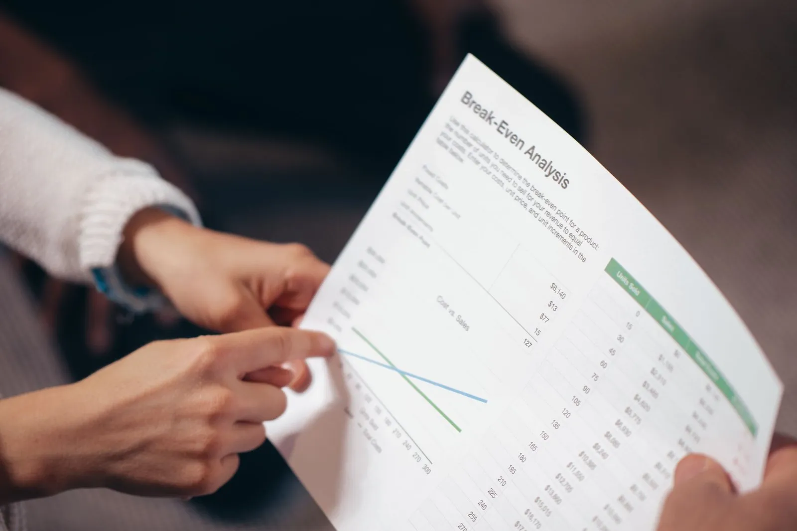Écran d’ordinateur affichant une calculette de seuil de rentabilité B2B avec graphique de point mort et marges